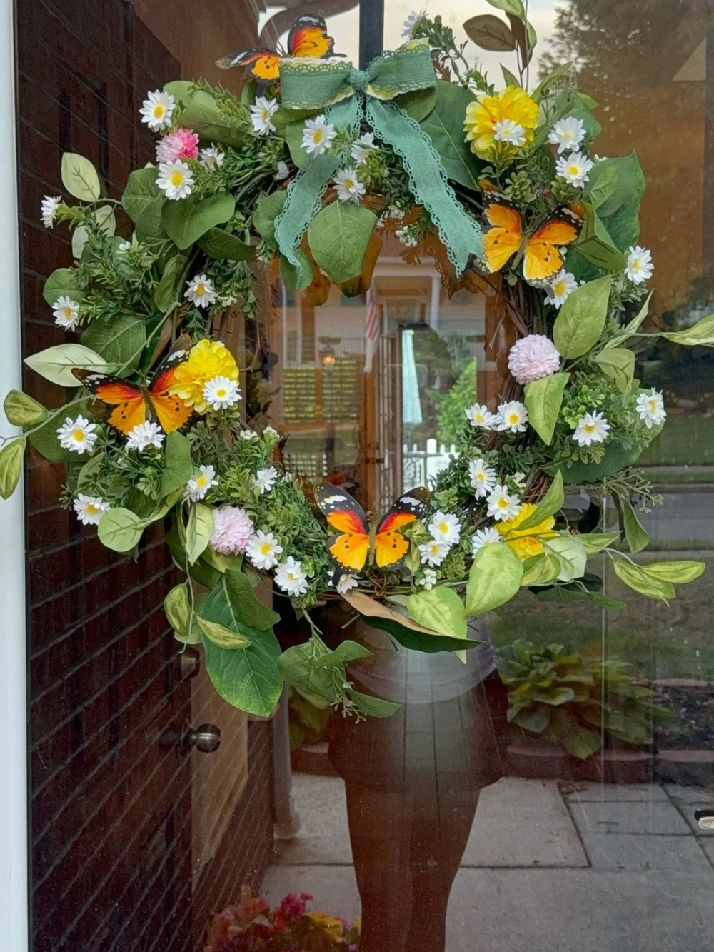 Hand Crafted Yellow Butterfly Daisy Floral Wreath with Green Bow